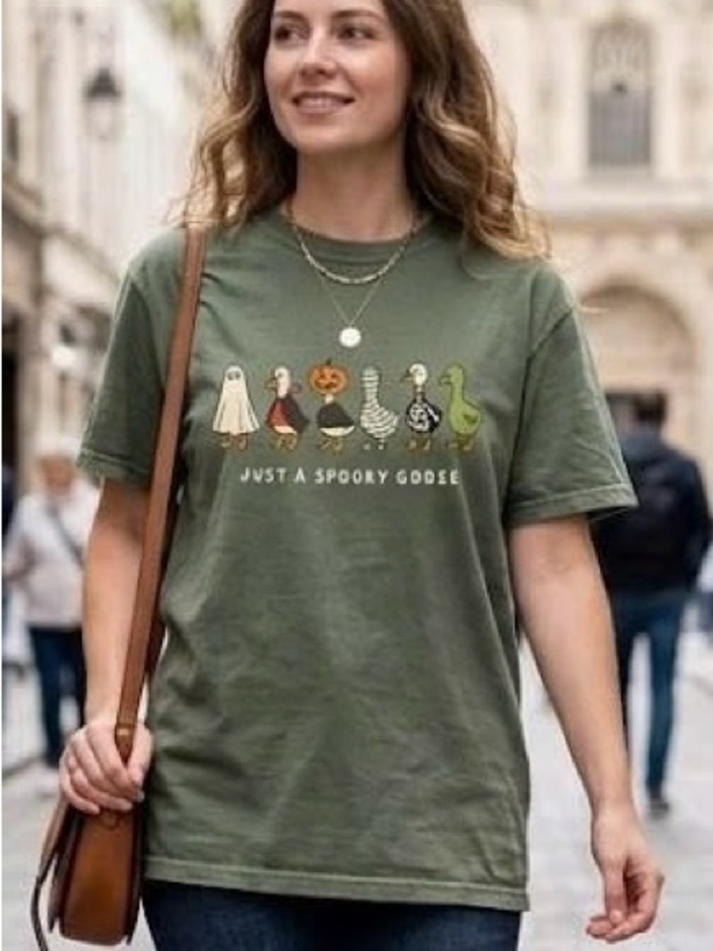 Just A Spooky Goose Halloween Graphic Tee Funny Duck Ghost Mummy Sage Green
